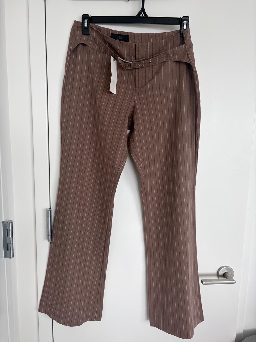 Zara Brown Pinstripe Flare Trousers with Belt